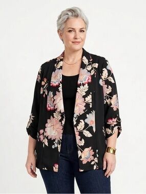 Chico's Black Open-Front Blazer with Pink Floral Print